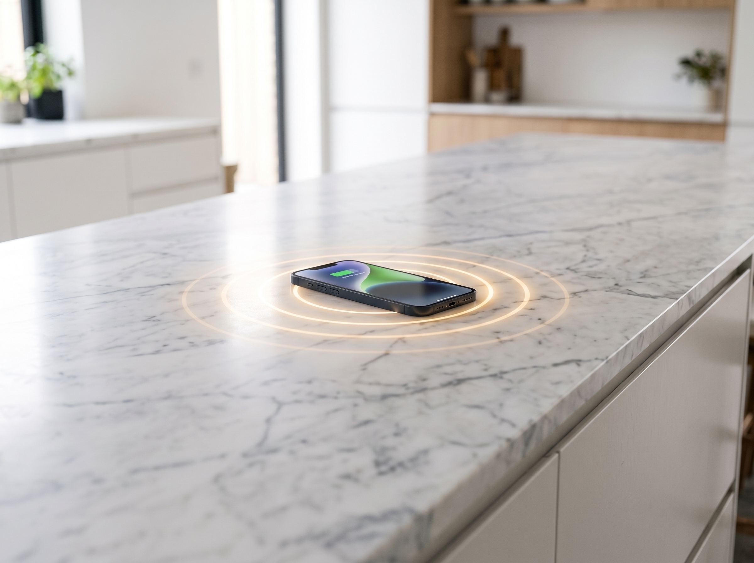 Smartphone lädt kabellos auf einer Marmor-Arbeitsplatte — leuchtende Energieringe um das Handy, kein sichtbares Ladegerät